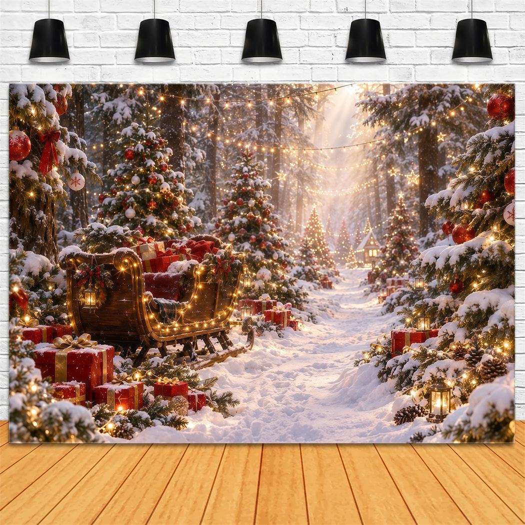 Christmas Tree Backdrops Glowing Sleigh Snowy Forest Christmas Backdrop for Stage RR610-172