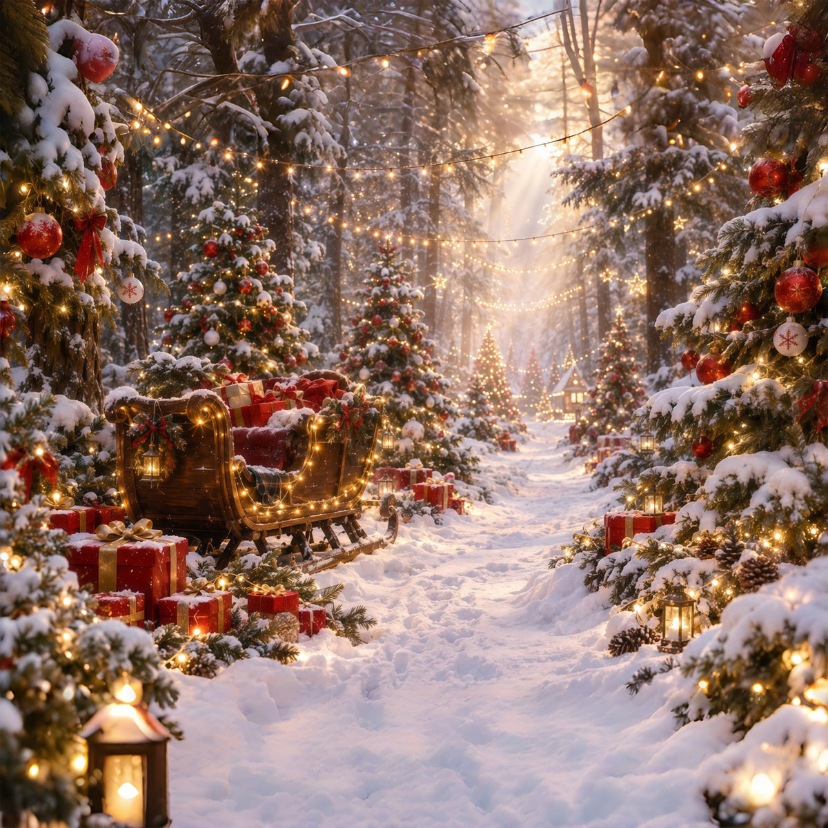 Christmas Tree Backdrops Glowing Sleigh Snowy Forest Christmas Backdrop for Stage RR610-172