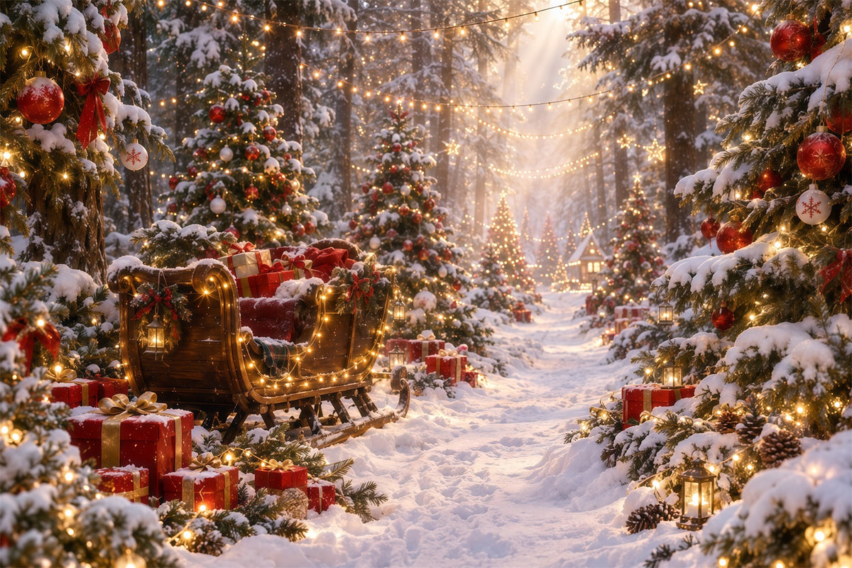 Christmas Tree Backdrops Glowing Sleigh Snowy Forest Christmas Backdrop for Stage RR610-172