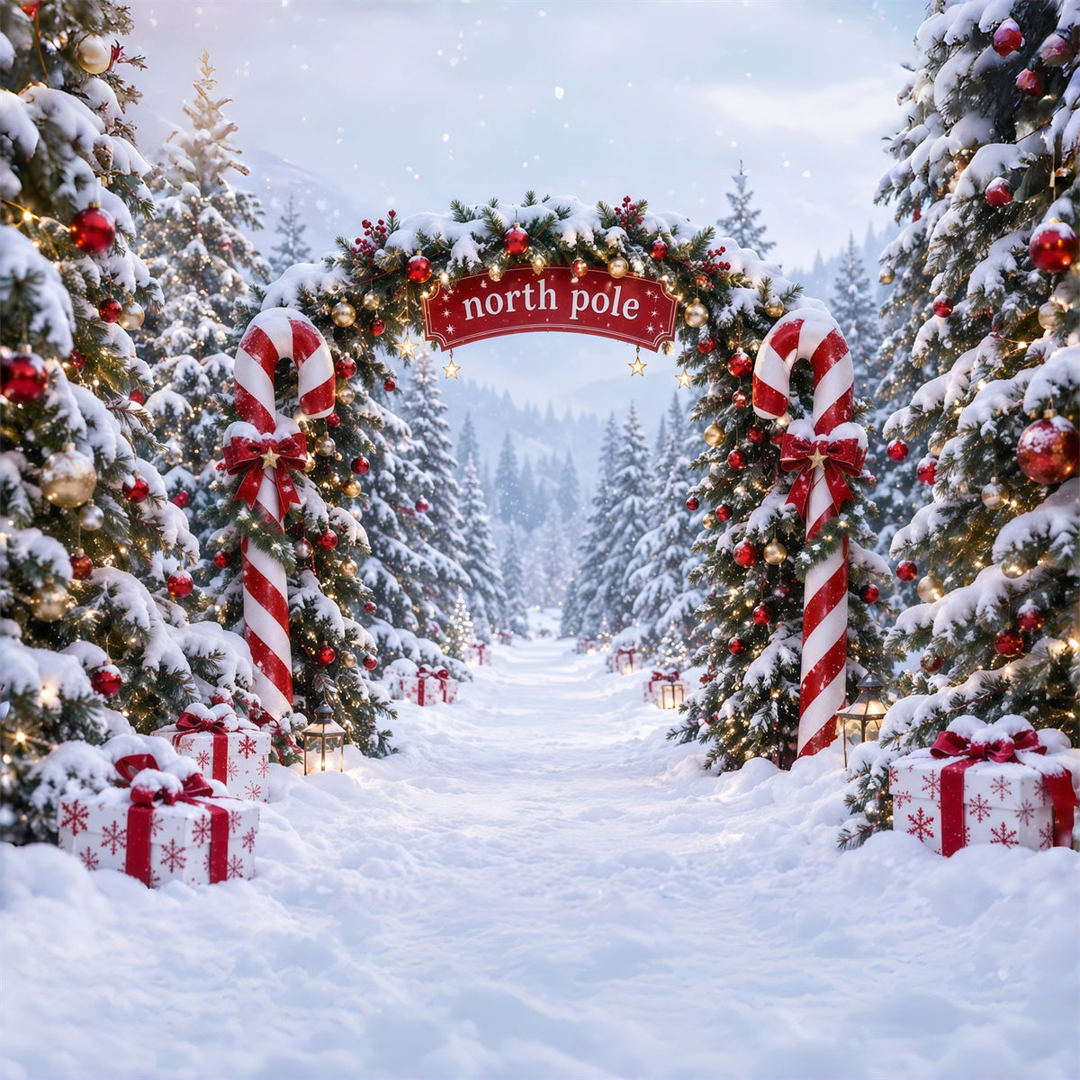 North Pole Photo Backdrop Candy Cane North Pole Christmas Winter Backdrop RR610-173
