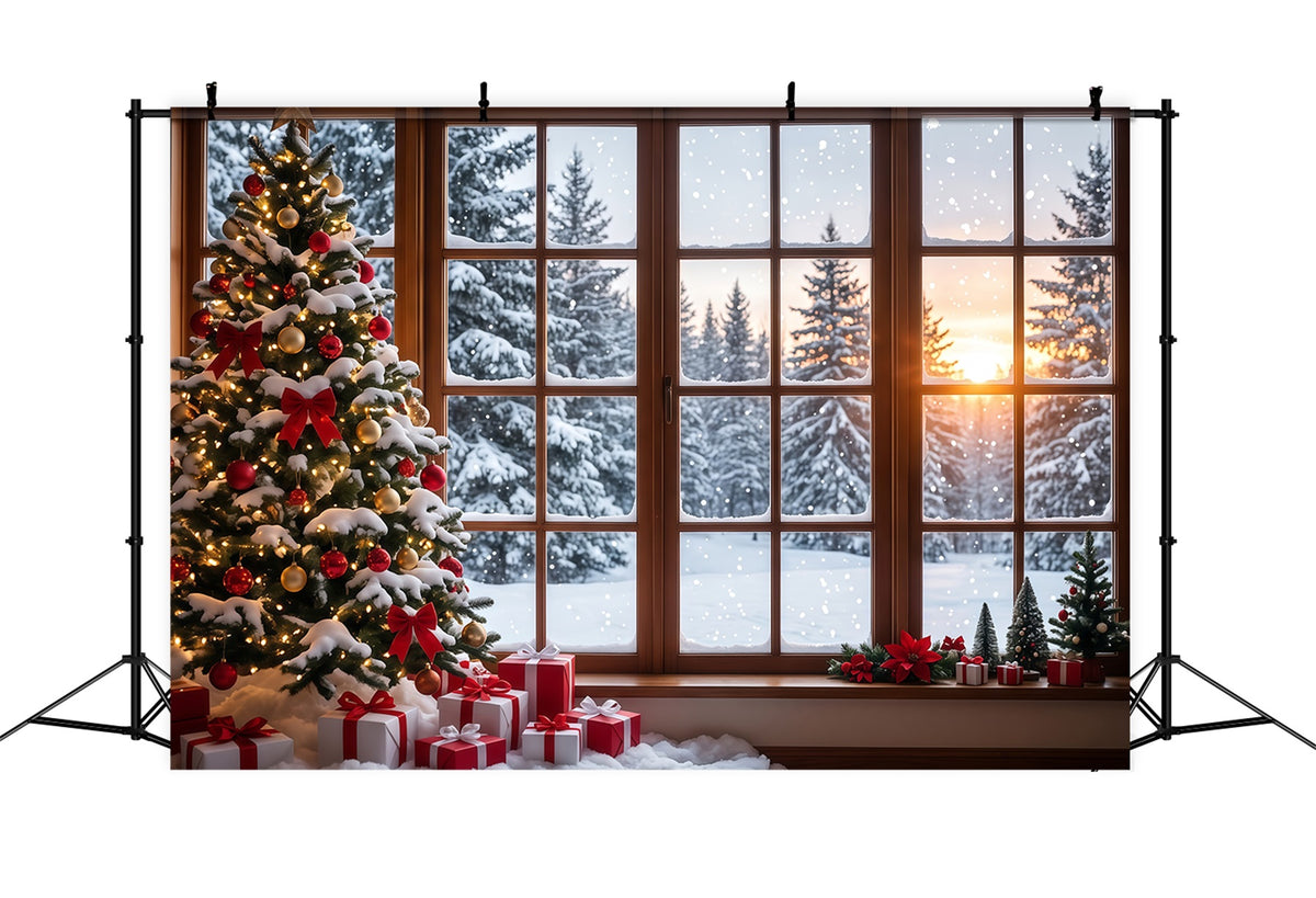 Christmas Forest Backdrop Snowy Window Tree Display Christmas Backdrop for Photo RR610-174