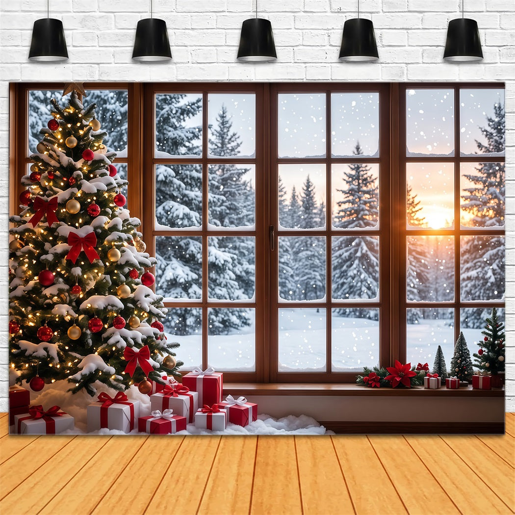 Christmas Forest Backdrop Snowy Window Tree Display Christmas Backdrop for Photo RR610-174