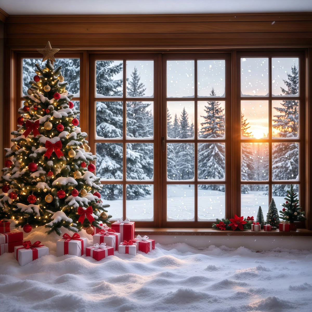 Christmas Forest Backdrop Snowy Window Tree Display Christmas Backdrop for Photo RR610-174