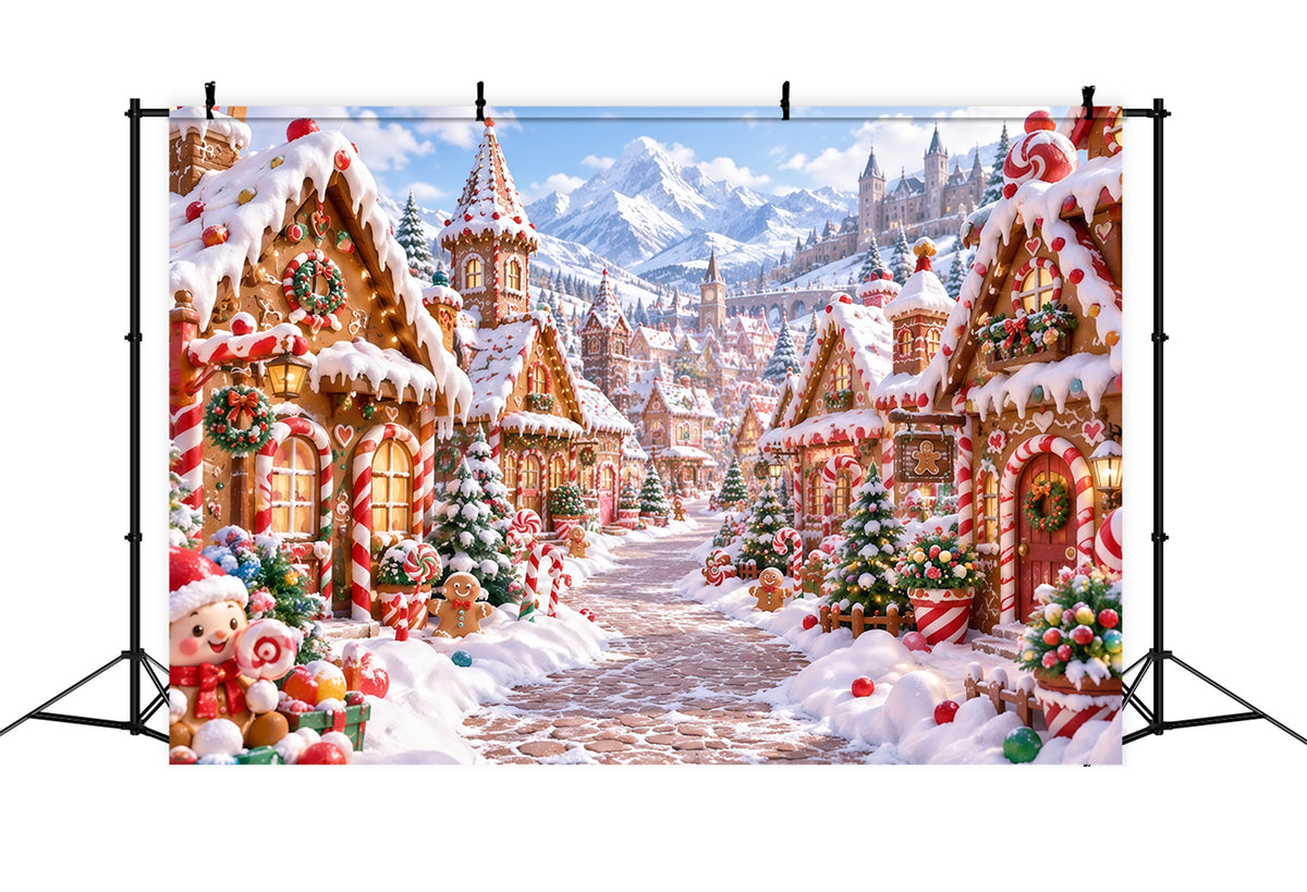 Christmas Gingerbread Backdrop Snowy Candy Mountain Village Christmas Backdrop Picture RR610-176