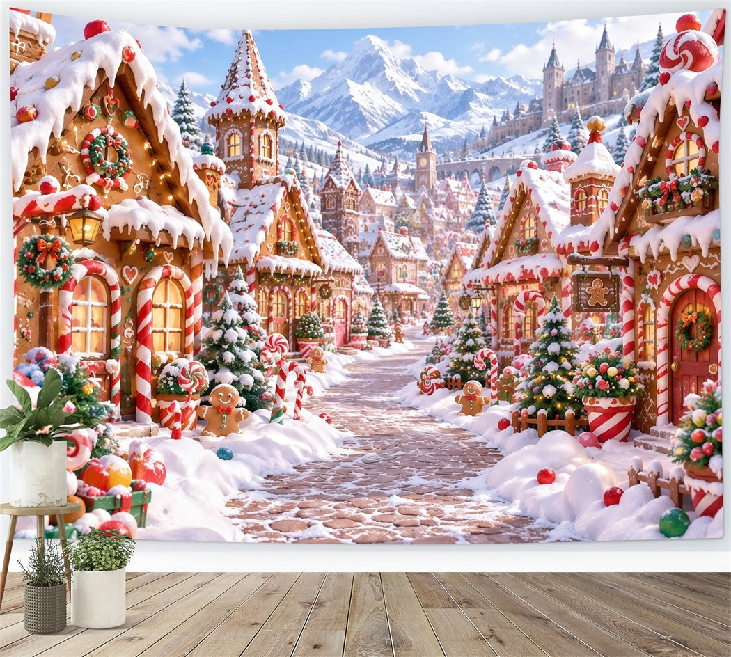 Christmas Gingerbread Backdrop Snowy Candy Mountain Village Christmas Backdrop Picture RR610-176