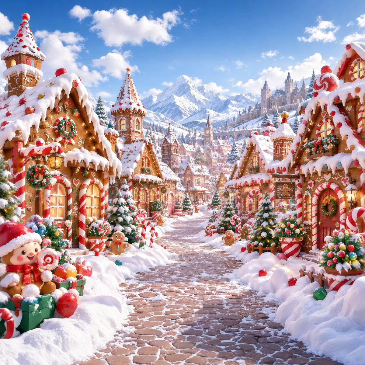 Christmas Gingerbread Backdrop Snowy Candy Mountain Village Christmas Backdrop Picture RR610-176