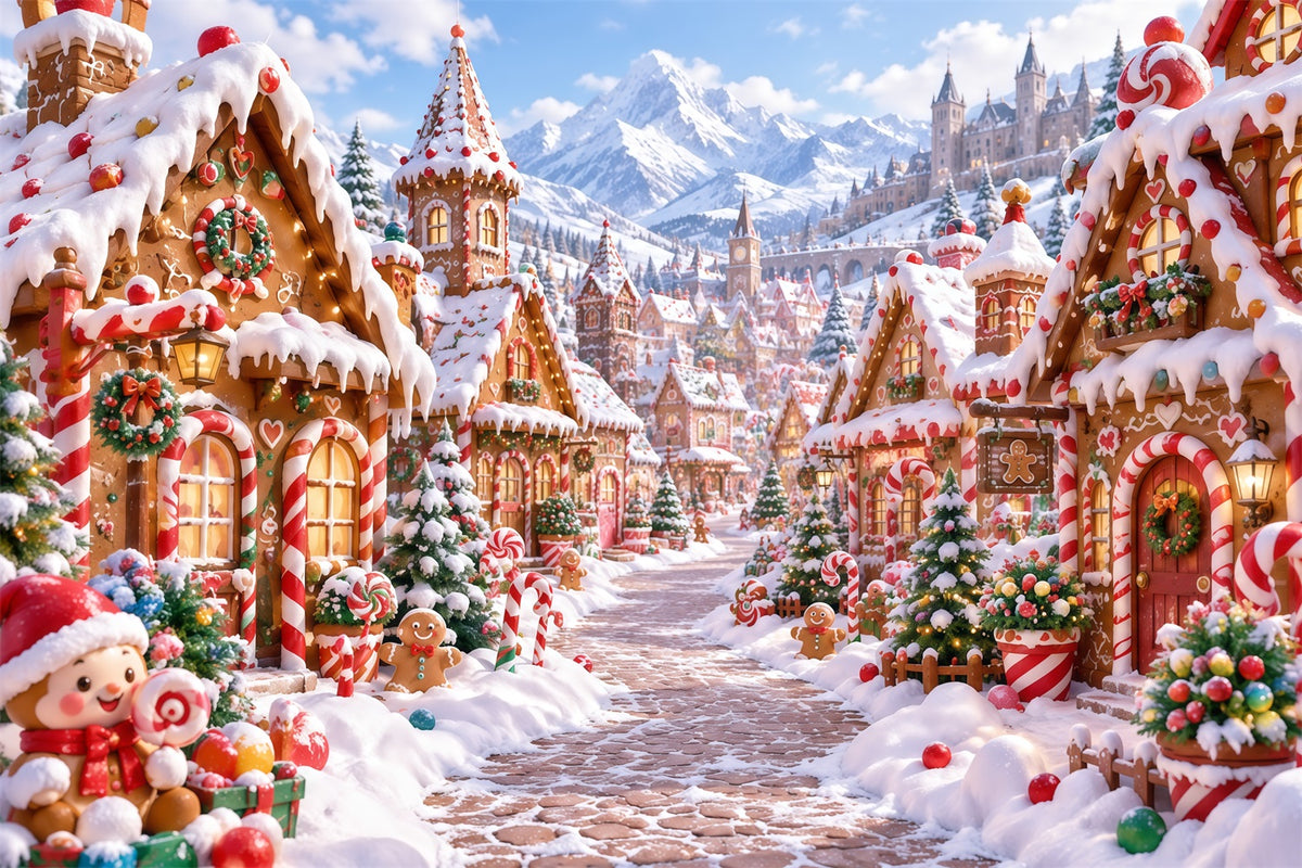 Christmas Gingerbread Backdrop Snowy Candy Mountain Village Christmas Backdrop Picture RR610-176