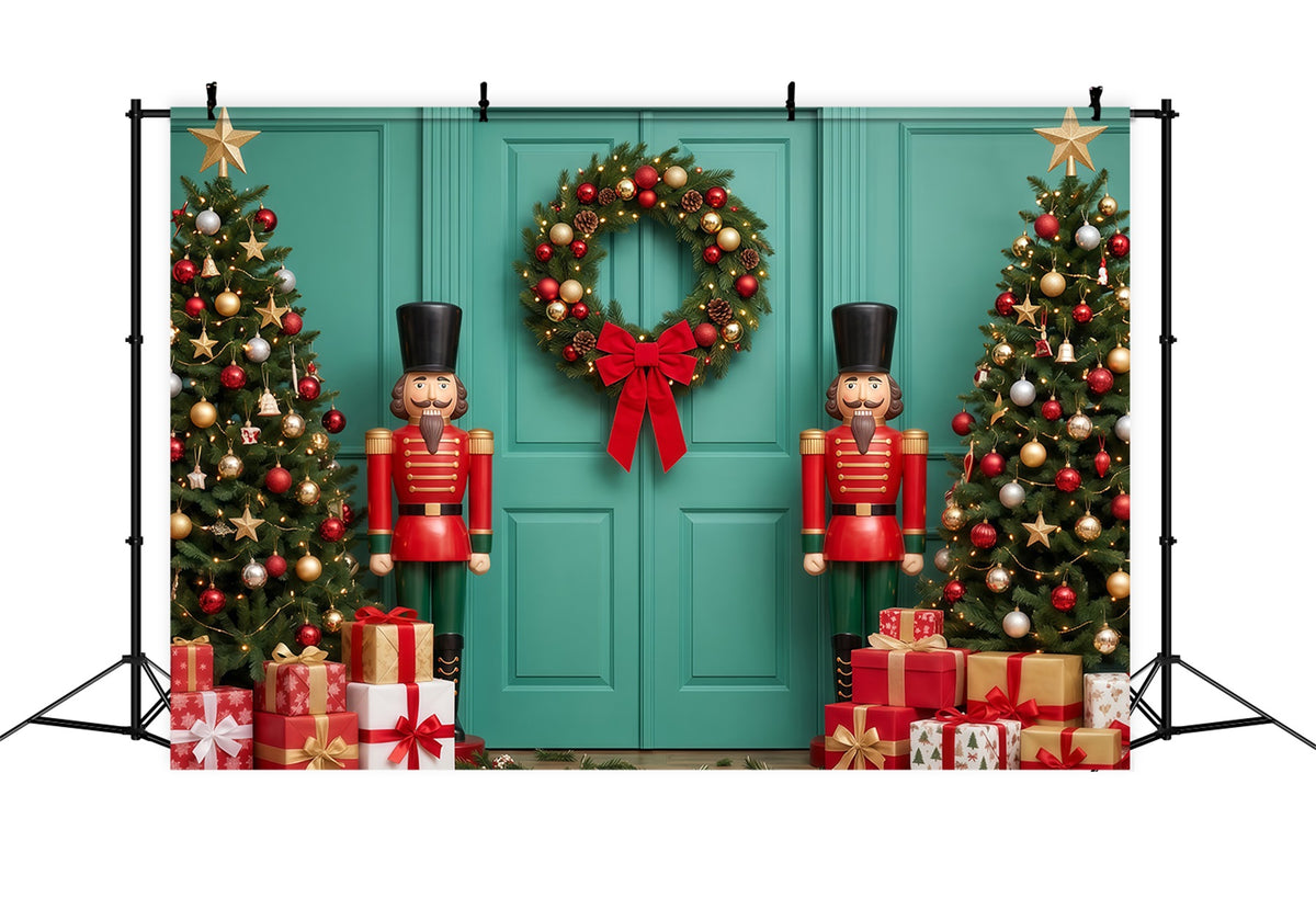 Christmas Backdrop Bow Wreath Teal Door Nutcracker Ballet Backdrop RR610-177