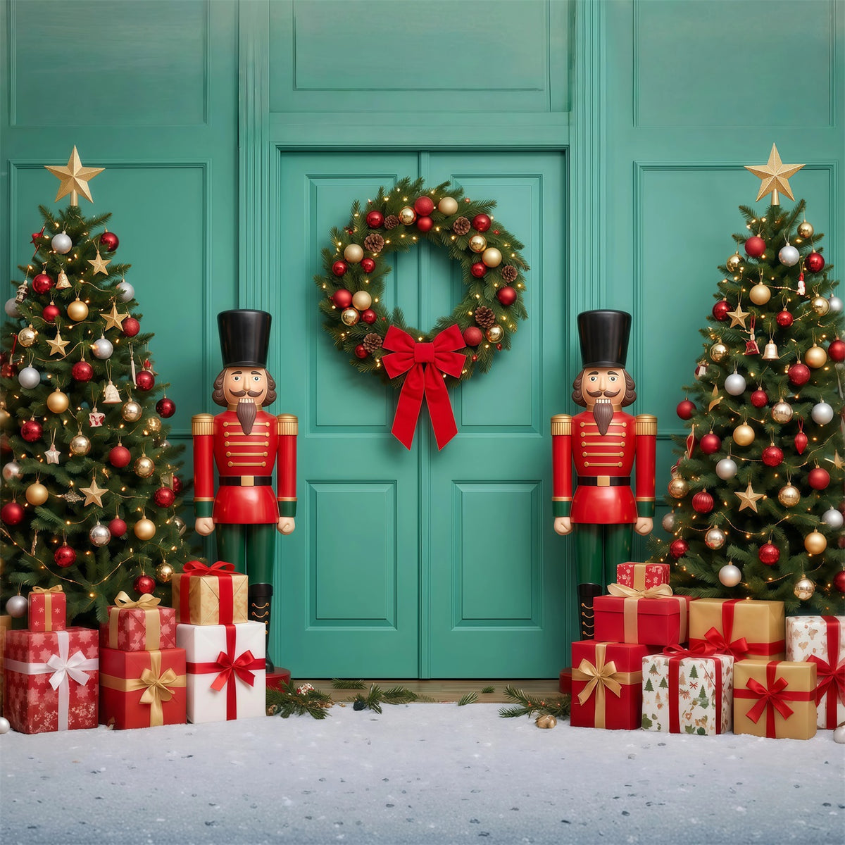 Christmas Backdrop Bow Wreath Teal Door Nutcracker Ballet Backdrop RR610-177