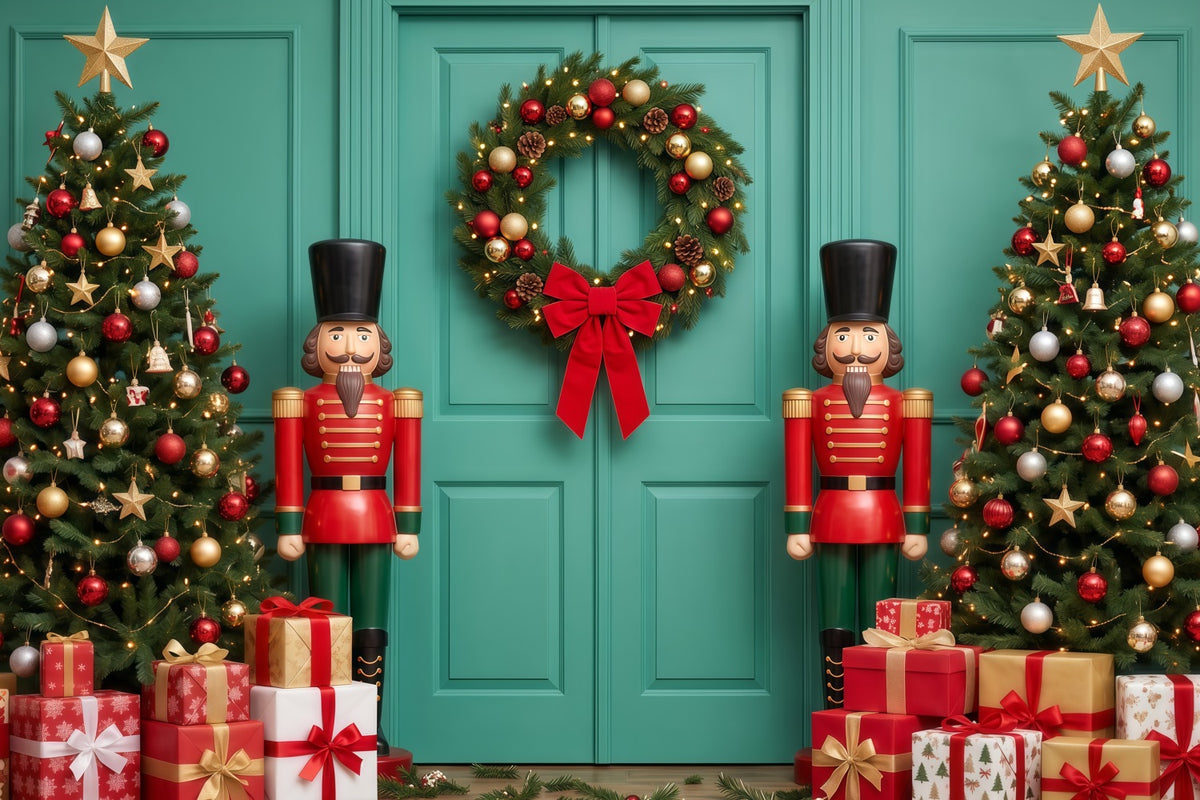 Christmas Backdrop Bow Wreath Teal Door Nutcracker Ballet Backdrop RR610-177