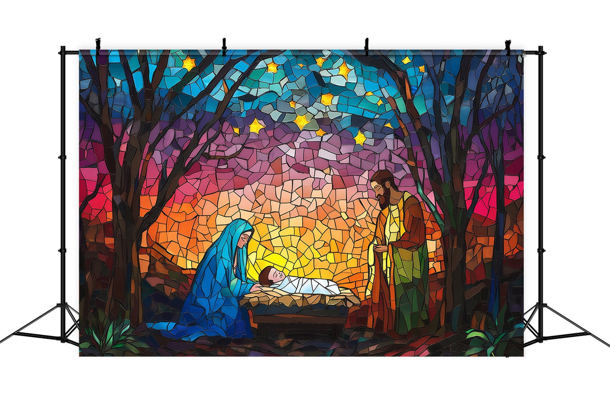Nativity Scene Backdrop Stained Glass Starry Artwork Christmas Backdrop Sale RR610-178