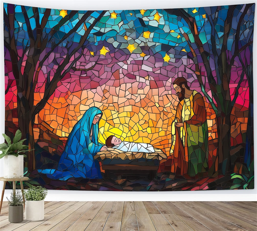Nativity Scene Backdrop Stained Glass Starry Artwork Christmas Backdrop Sale RR610-178