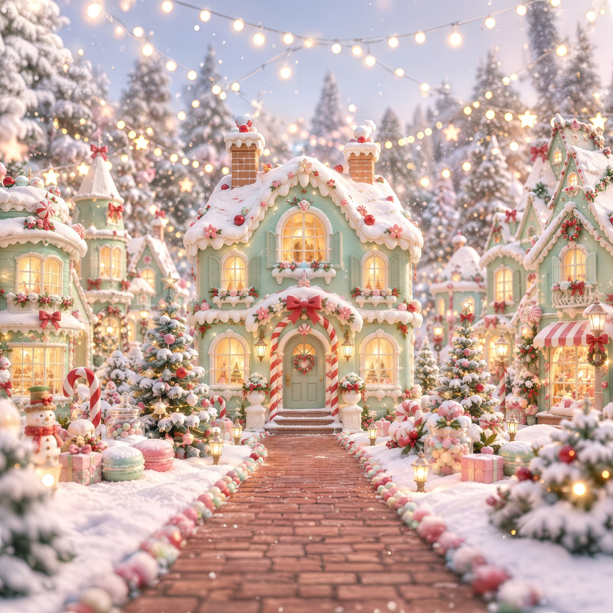 Gingerbread House Photo Backdrop Pastel Candy Snowy Village Christmas Party Backdrop Ideas RR610-179