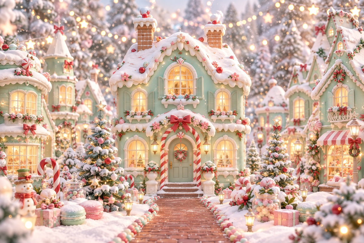 Gingerbread House Photo Backdrop Pastel Candy Snowy Village Christmas Party Backdrop Ideas RR610-179