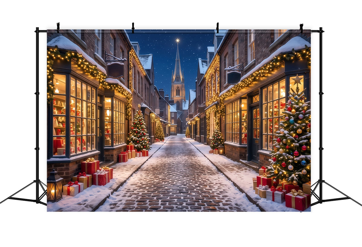 Christmas Village Backdrops Snowy Illuminated Shopping Street Backdrops for Christmas Photos RR610-180