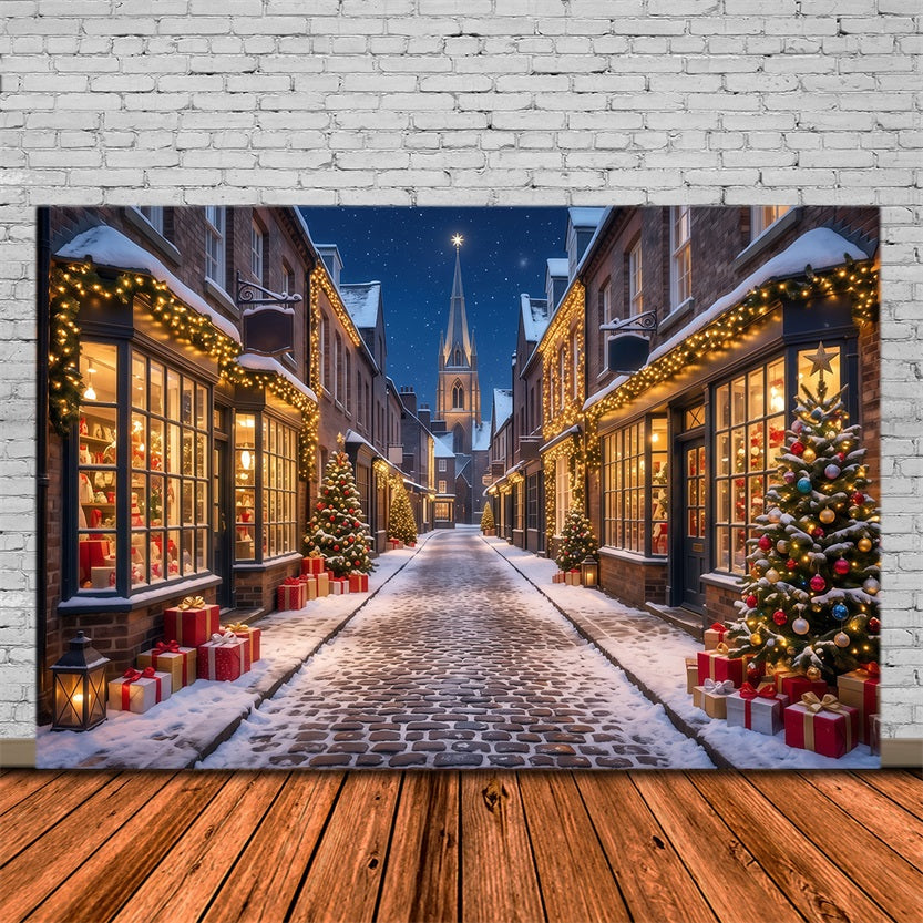 Christmas Village Backdrops Snowy Illuminated Shopping Street Backdrops for Christmas Photos RR610-180