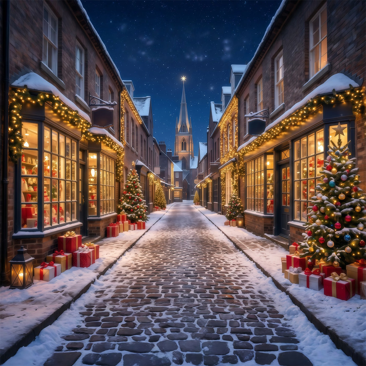 Christmas Village Backdrops Snowy Illuminated Shopping Street Backdrops for Christmas Photos RR610-180