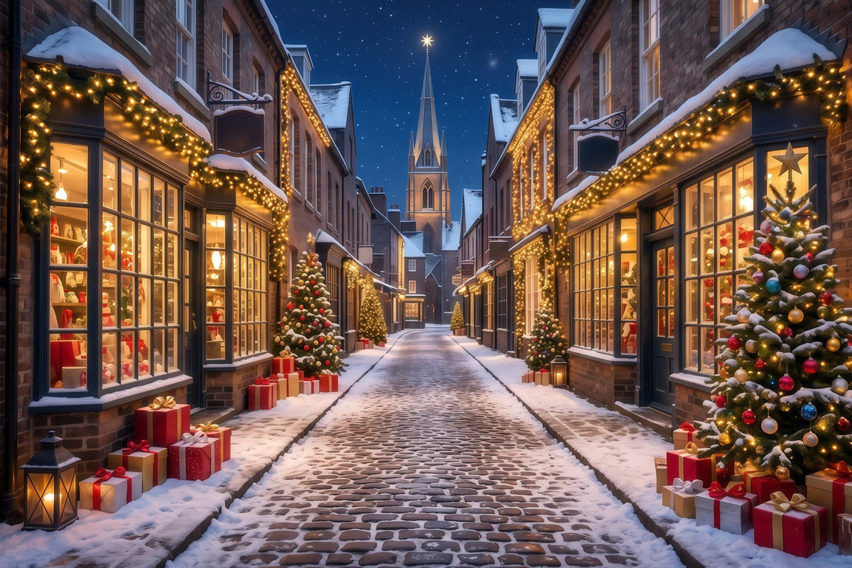 Christmas Village Backdrops Snowy Illuminated Shopping Street Backdrops for Christmas Photos RR610-180