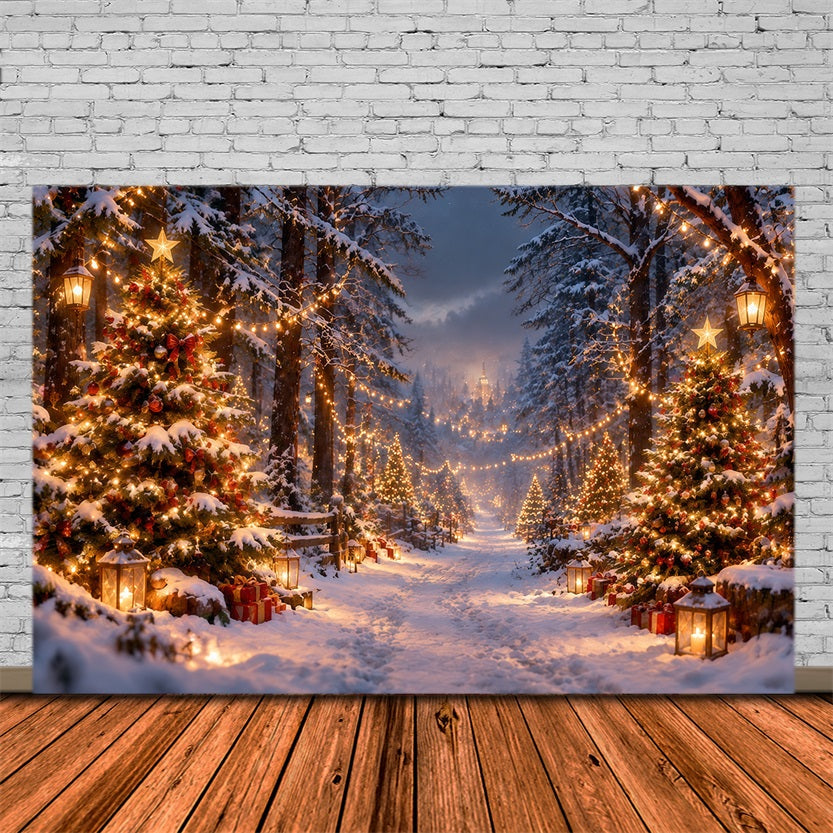 Christmas Tree Farm Photo Backdrop Snowy Glowing Forest Path Photography Backdrop Christmas RR610-181