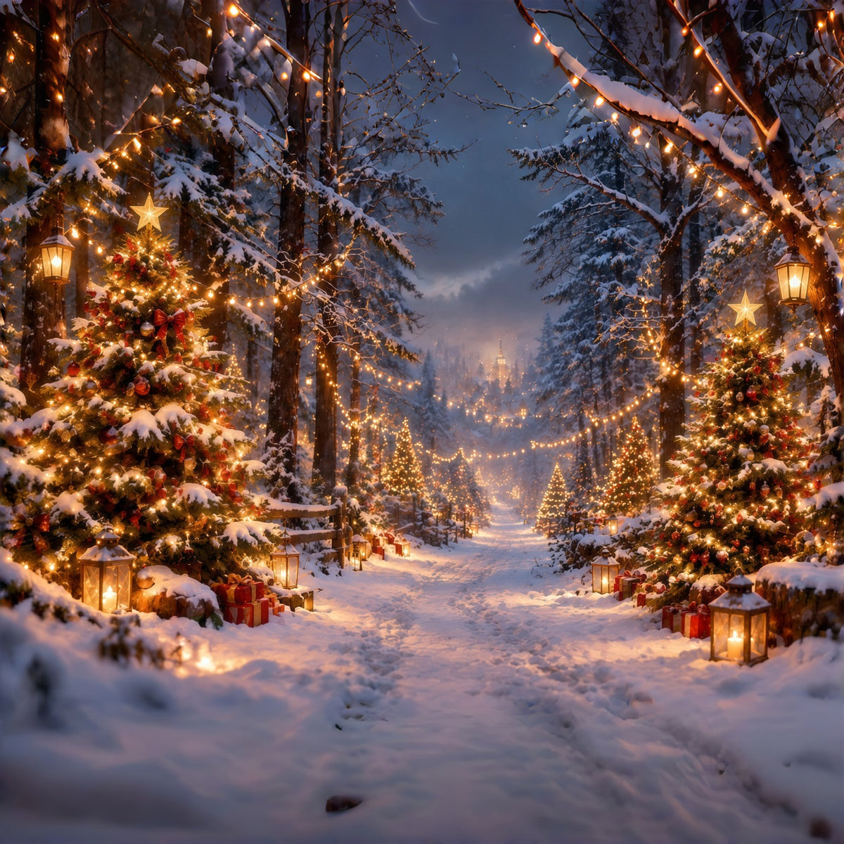 Christmas Tree Farm Photo Backdrop Snowy Glowing Forest Path Photography Backdrop Christmas RR610-181