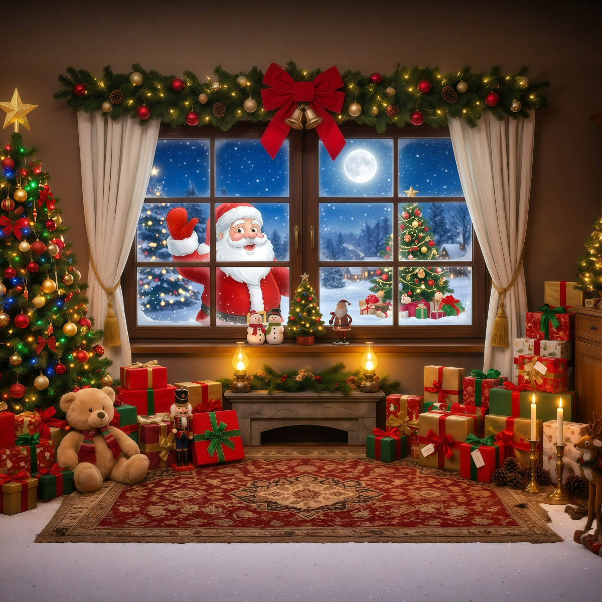 Santa Backdrop For Pictures Santa Window Gift Display Christmas Music Backdrop RR610-19