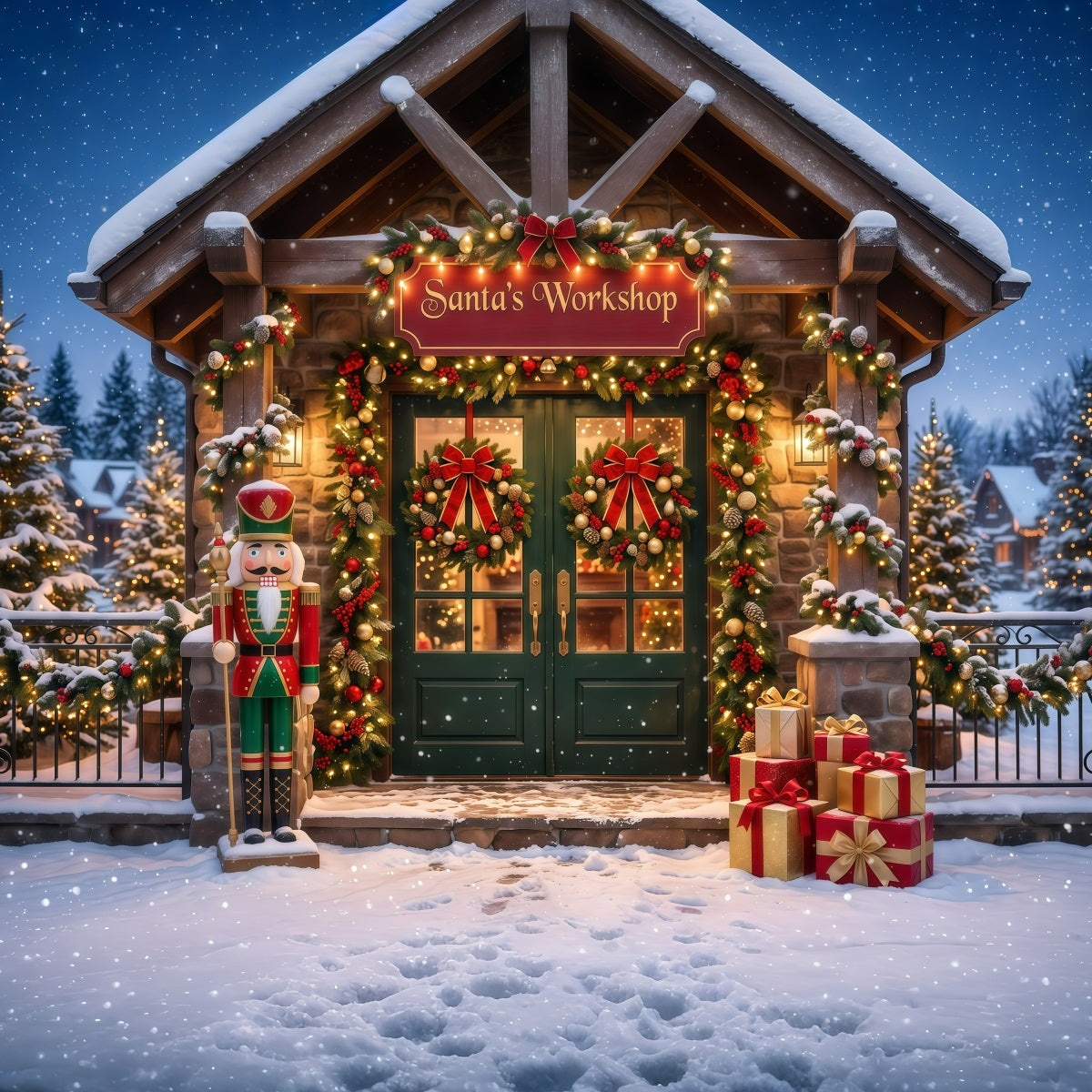 Santa's Workshop Backdrops Snowy Workshop Nutcracker Entrance Santa's Mailroom Backdrop RR610-21