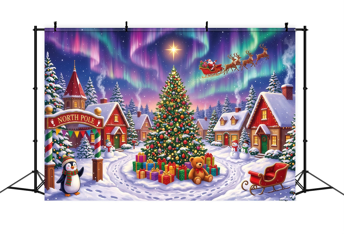 Santa Backdrops Photography Snowy Aurora North Pole Santa Village Backdrop RR610-22