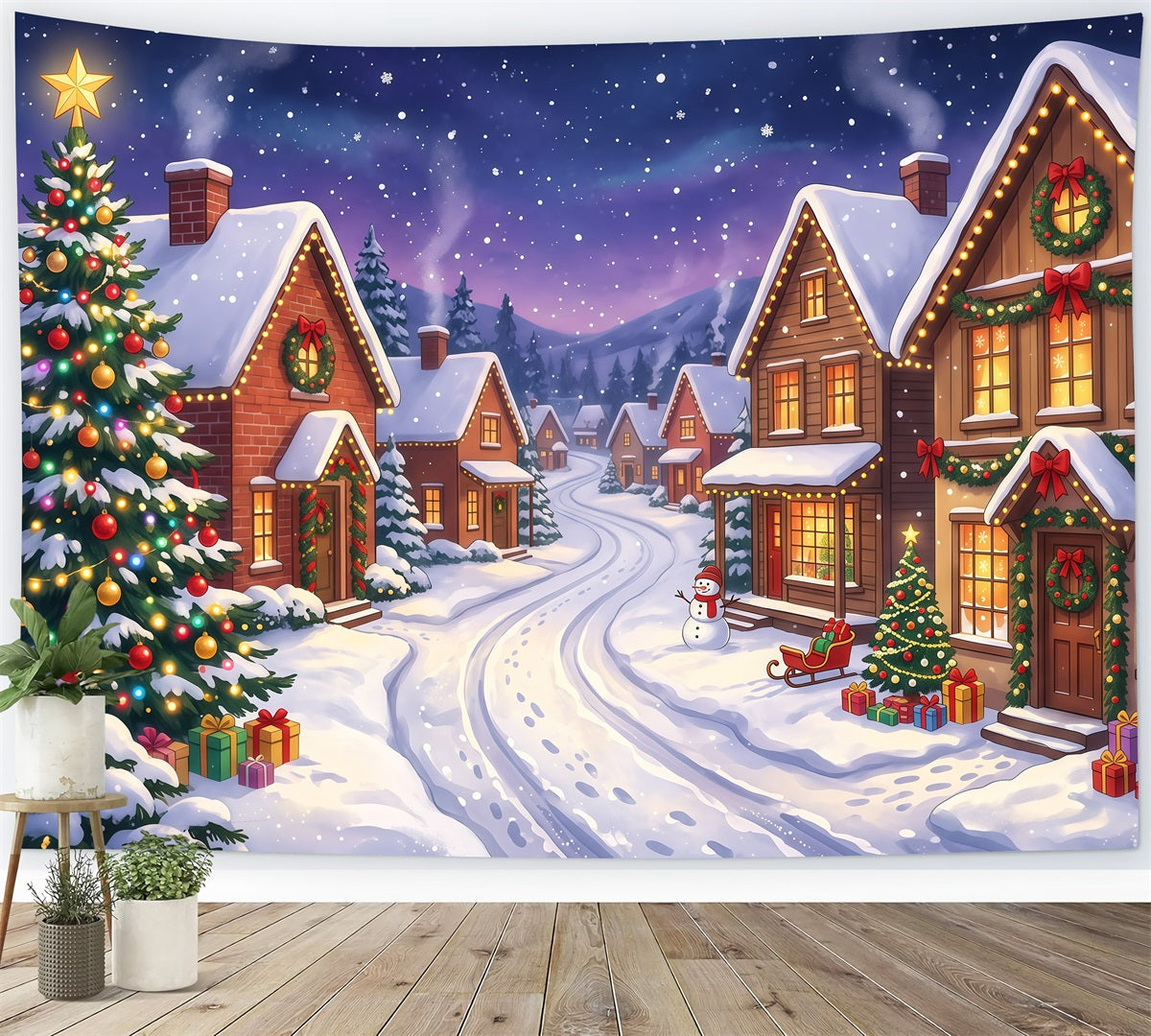 Backdrops For Christmas Village Snowy House Lighted Street 10x8 Christmas Backdrop RR610-24