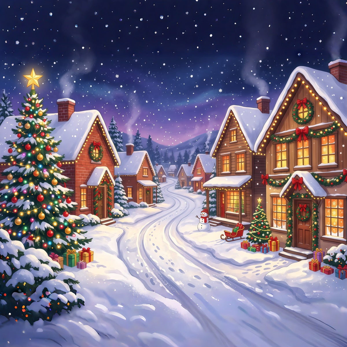 Backdrops For Christmas Village Snowy House Lighted Street 10x8 Christmas Backdrop RR610-24