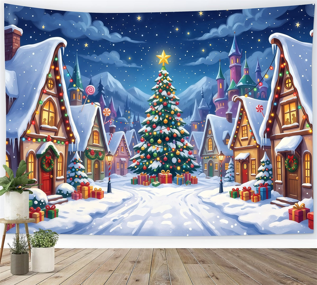 Christmas Village Photo Backdrop Snowy Candy Square Backdrops For Christmas Villages RR610-26