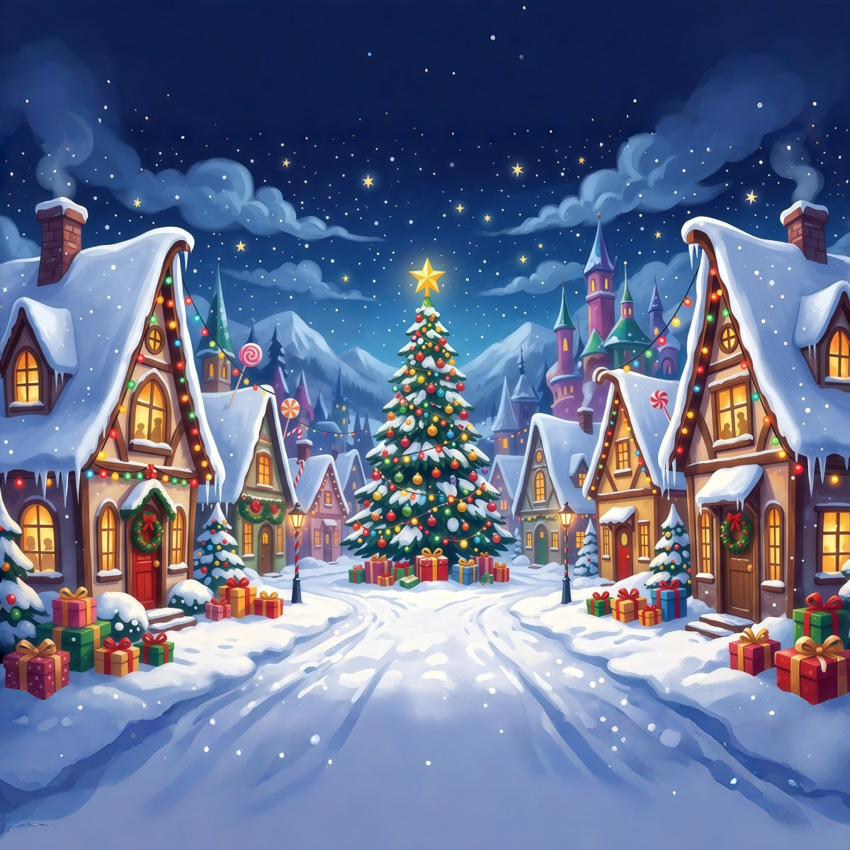 Christmas Village Photo Backdrop Snowy Candy Square Backdrops For Christmas Villages RR610-26