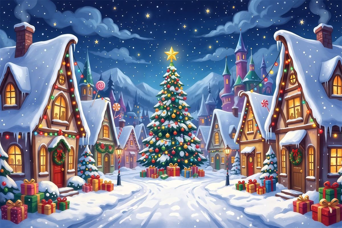 Christmas Village Photo Backdrop Snowy Candy Square Backdrops For Christmas Villages RR610-26