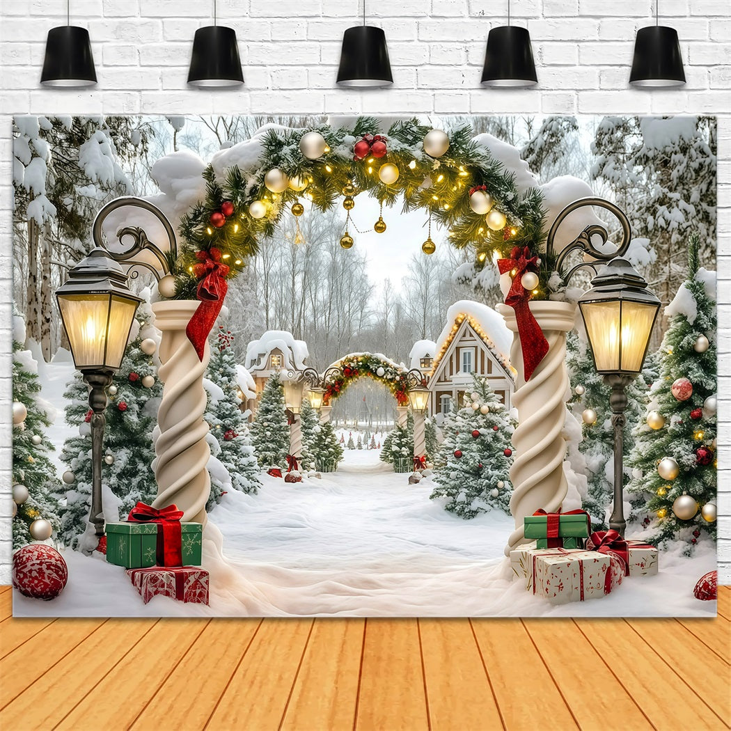Extra Large Christmas Backdrop Snowy Garland Cottage Entrance Christmas In July Backdrop RR610-27