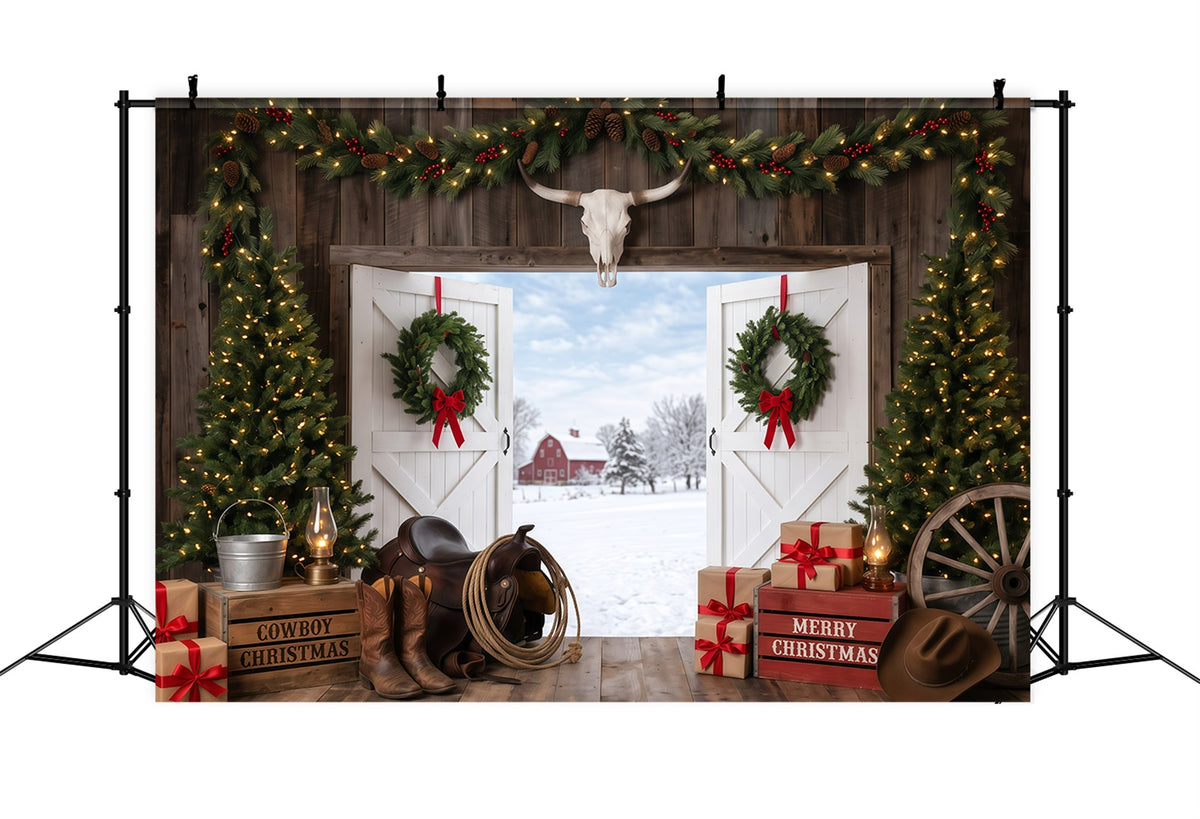 Background Christmas Backdrop Rustic Barn Entrance Cowboy Christmas Backdrop RR610-28