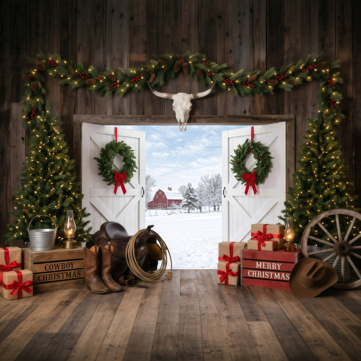 Background Christmas Backdrop Rustic Barn Entrance Cowboy Christmas Backdrop RR610-28