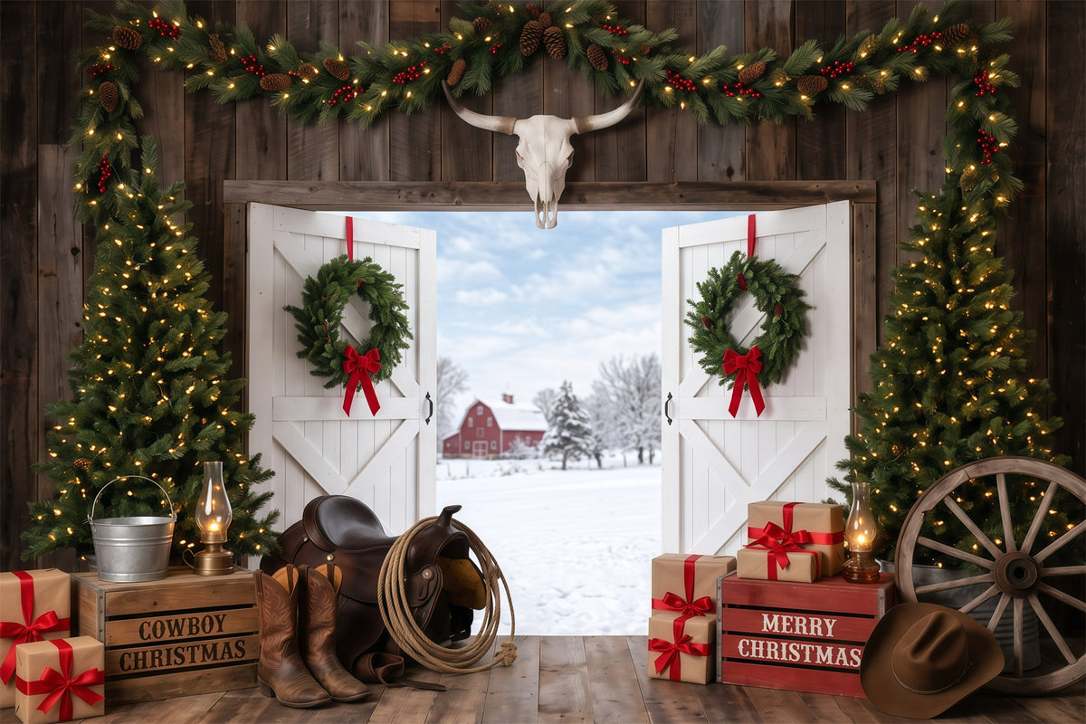 Background Christmas Backdrop Rustic Barn Entrance Cowboy Christmas Backdrop RR610-28