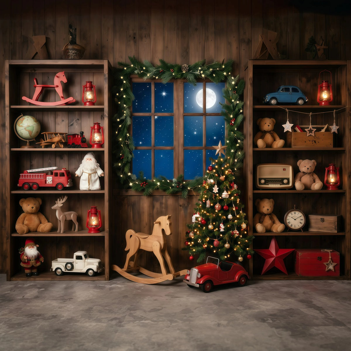 Santa's Workshop Photography Backdrop Vintage Toy Workshop Window Christmas Hymn Backdrop RR610-29