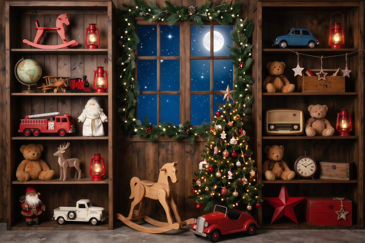 Santa's Workshop Photography Backdrop Vintage Toy Workshop Window Christmas Hymn Backdrop RR610-29