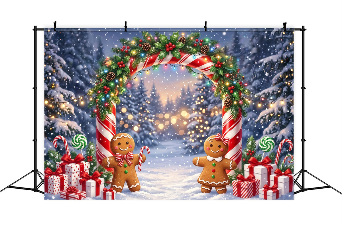 Gingerbread Backdrops Snowy Forest Night Bokeh Candy Cane Backdrop RR610-3