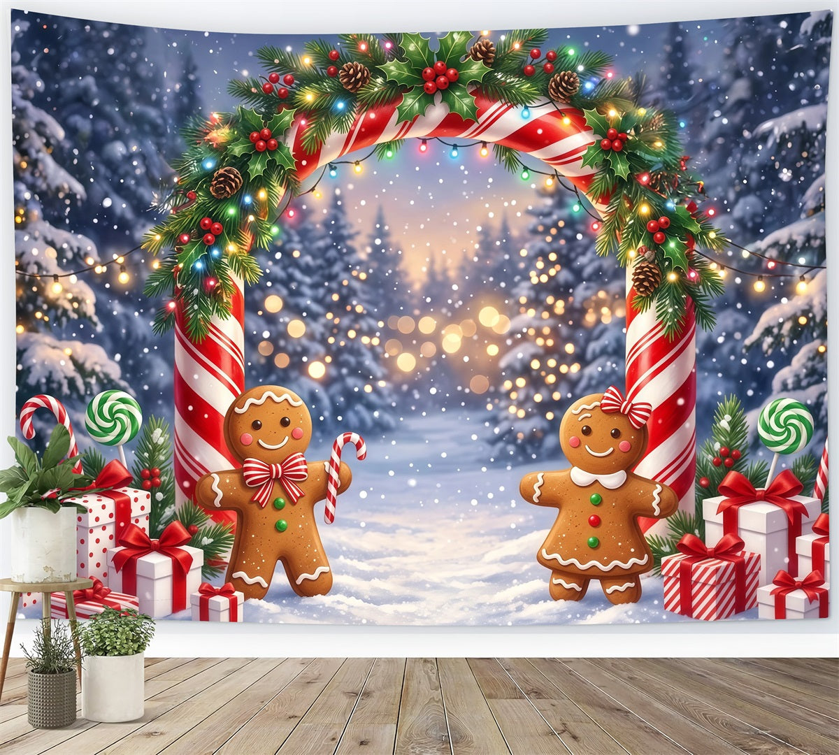 Gingerbread Backdrops Snowy Forest Night Bokeh Candy Cane Backdrop RR610-3