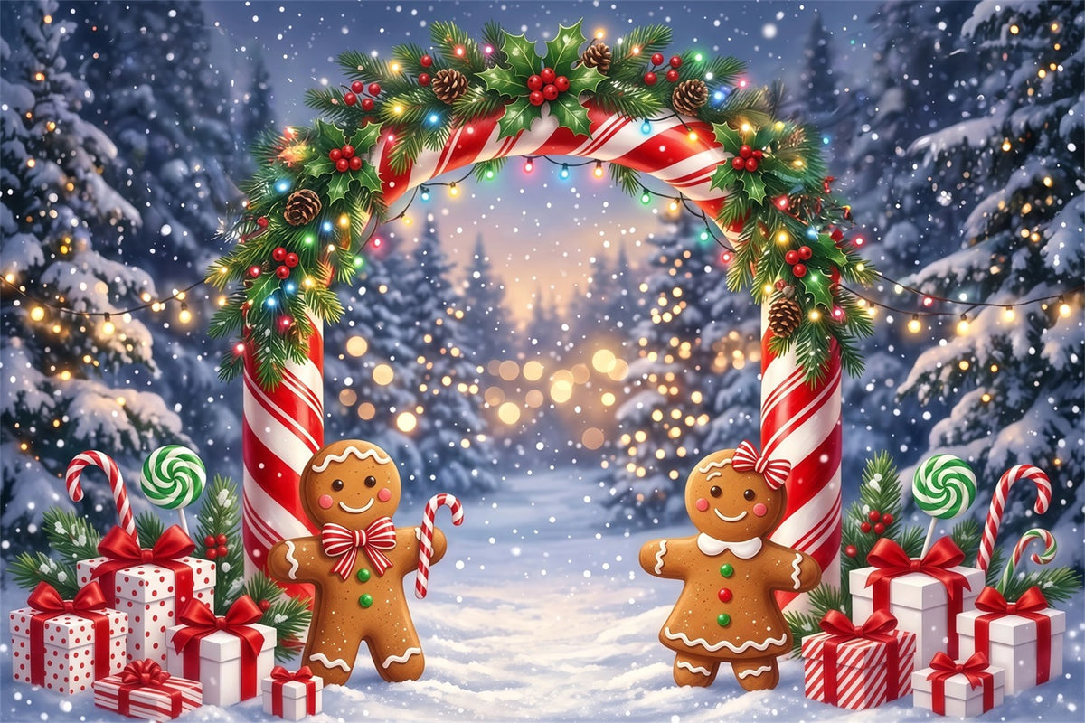 Gingerbread Backdrops Snowy Forest Night Bokeh Candy Cane Backdrop RR610-3