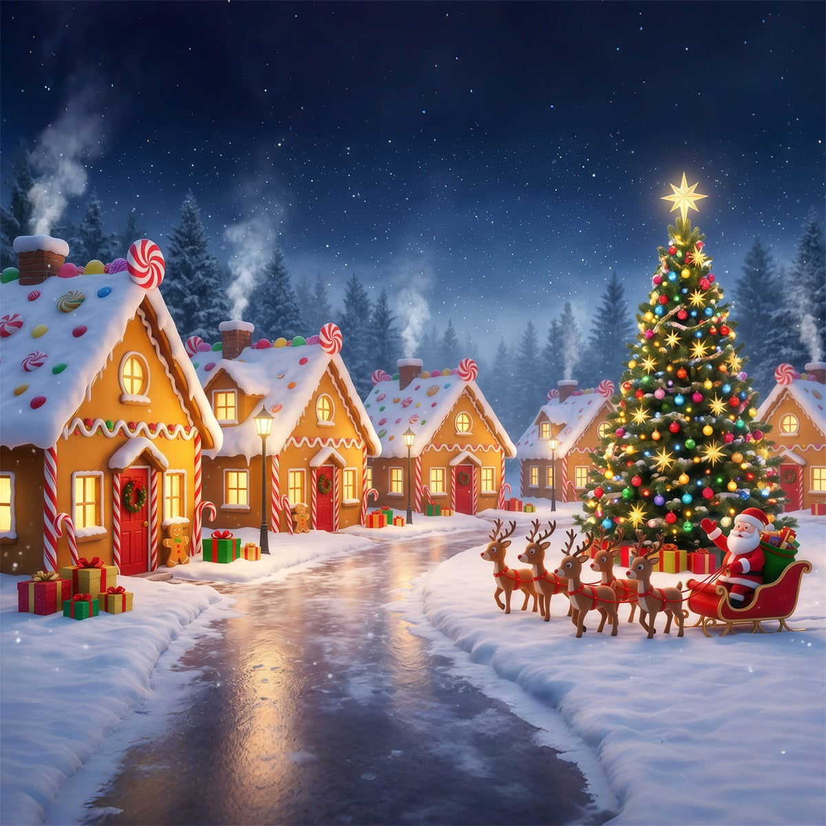 Santa's Village Backdrop Gingerbread Village Sleigh Ride Santa Pictures Backdrop RR610-31
