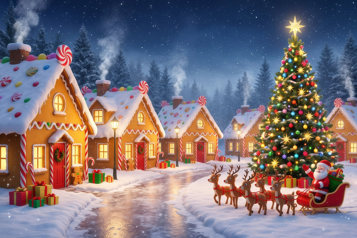 Santa's Village Backdrop Gingerbread Village Sleigh Ride Santa Pictures Backdrop RR610-31