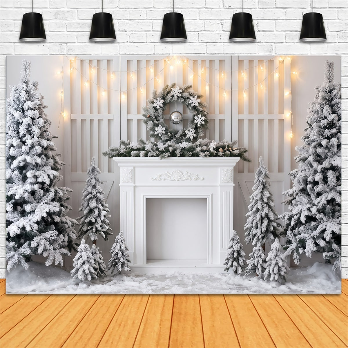 White Christmas Photo Backdrop Frosted Fireplace Display Christmas Backdrop Banner RR610-32