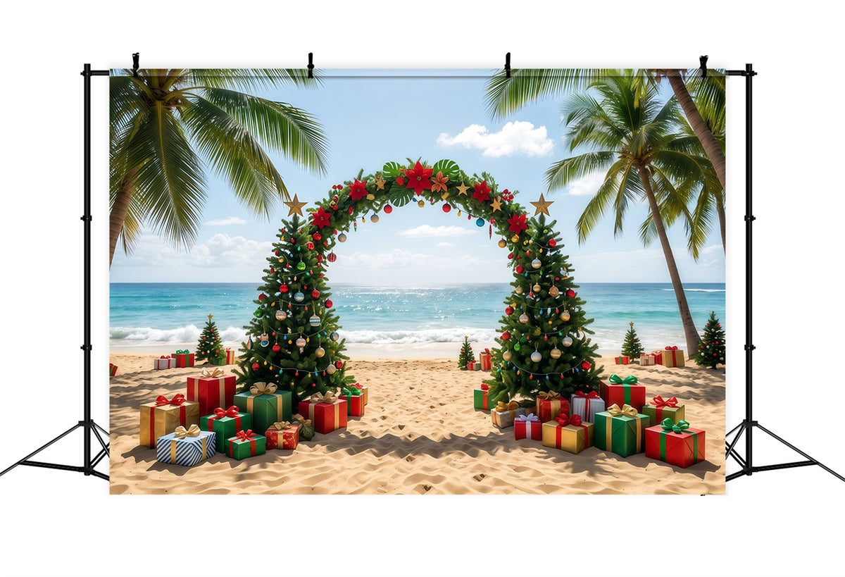 Tropical Christmas Backdrop Beach Sea Tree Arch Christmas Present Backdrop RR610-35