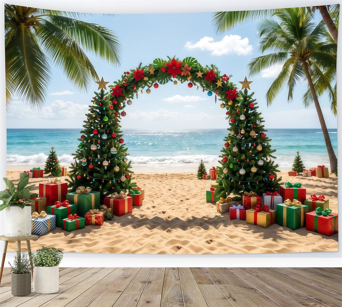 Tropical Christmas Backdrop Beach Sea Tree Arch Christmas Present Backdrop RR610-35