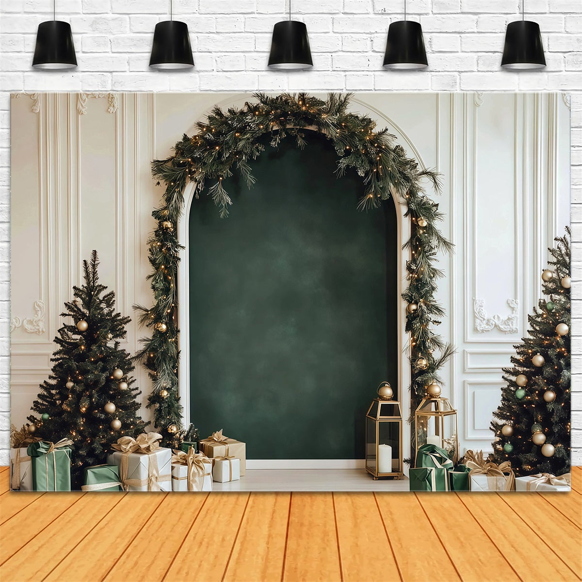 Best Christmas Backdrop Elegant Green Garland Arch Christmas Play Backdrop RR610-36