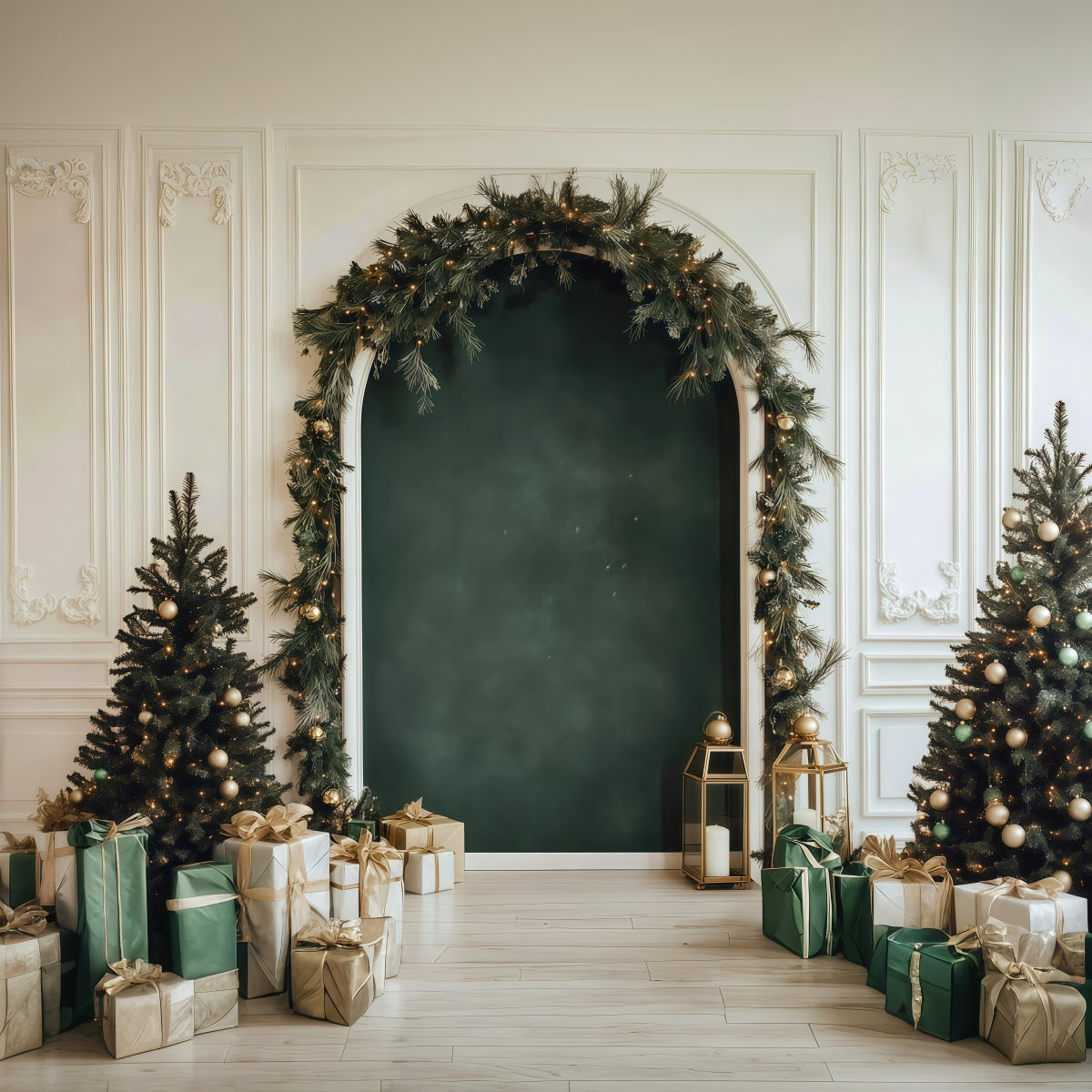 Best Christmas Backdrop Elegant Green Garland Arch Christmas Play Backdrop RR610-36