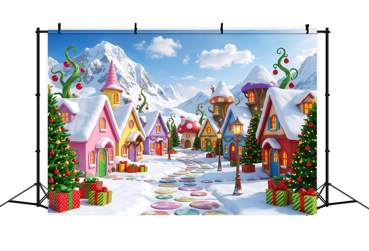Mountain Backdrop For Christmas Village Snowy Candy House Xmas Backdrops Photography RR610-37