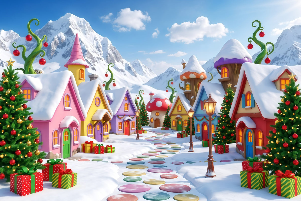Mountain Backdrop For Christmas Village Snowy Candy House Xmas Backdrops Photography RR610-37